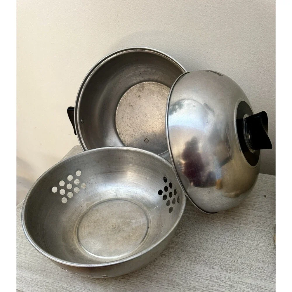 Vintage West Bend Aluminum Serving Oven Bun Warmer Buns Girl Graphic 3 Piece MCM